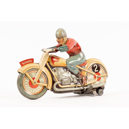 354 - A Technofix tinplate clockwork Motor Cycle. Registration No. GE255. In cream with red highlighting, ... 