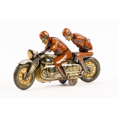 355 - A rare CKO (Kellerman) tinplate clockwork racing motorcycle with rider and pillion passenger. Produc... 