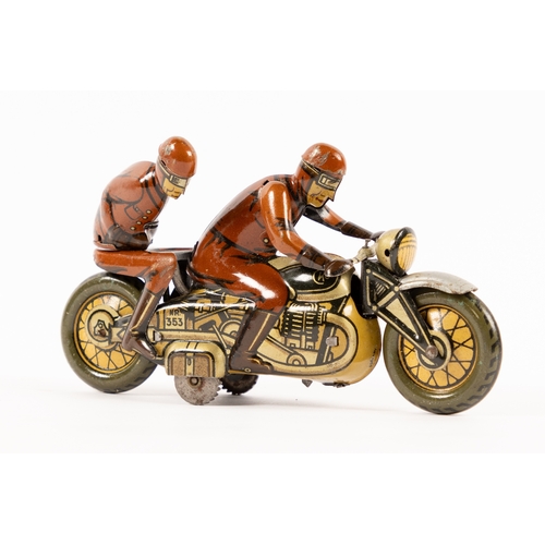 355 - A rare CKO (Kellerman) tinplate clockwork racing motorcycle with rider and pillion passenger. Produc... 