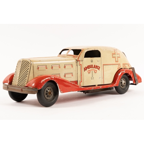 358 - A U.S.A Louis MARX 1930s Heavy Tinplate clockwork Ambulance. Finished in cream body with red chassis... 