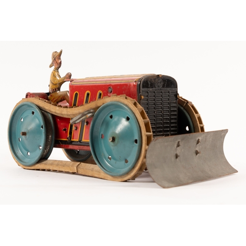 359 - MARX tinplate clockwork bulldozer with blade and driver. Fitted with blue tinplate wheels and origin... 