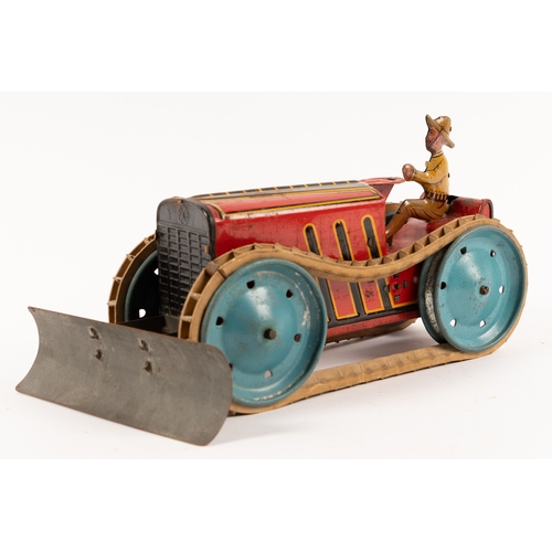 359 - MARX tinplate clockwork bulldozer with blade and driver. Fitted with blue tinplate wheels and origin... 