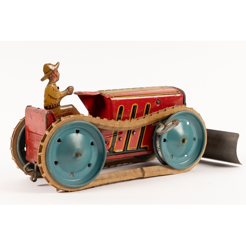 359 - MARX tinplate clockwork bulldozer with blade and driver. Fitted with blue tinplate wheels and origin... 