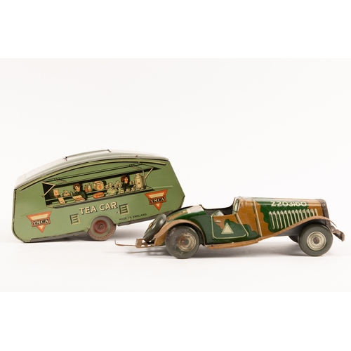 362 - A rare Mettoy Army MG with a Y.M.C.A. Caravan. MG in green and brown camouflage, vehicle number Z203... 