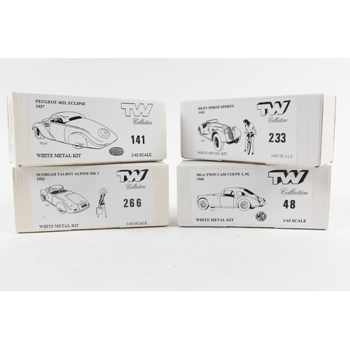 64 - 4 TW Collection White Metal Kits. All unmade examples, No.233 Riley Sprite Sports 1935, No.141 Peuge... 