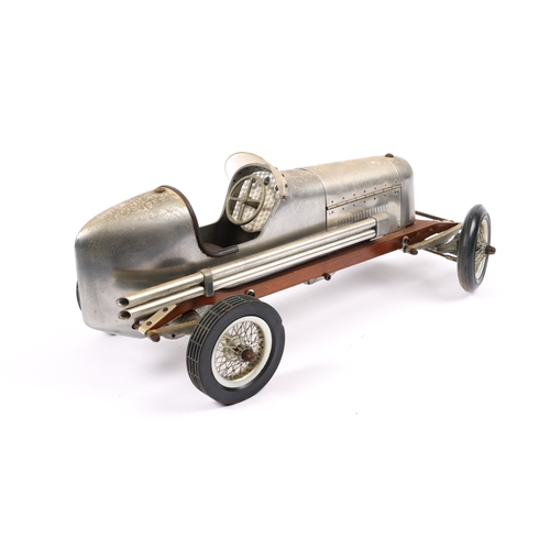 88 - A scarce aluminium body TETHER racing car with wooden chassis. Has large spoke wheels with rubber ty... 