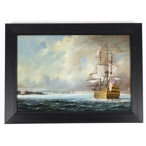 15 - A well executed oil painting on canvas of HMS Victory entering Portsmouth under reduced sail, with s... 