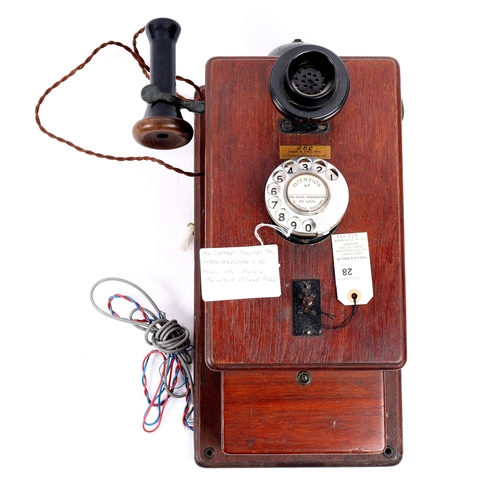 28 - A pre WWII G.E.C. wall mounted telephone, large wooden box with bakelite ear phone and speaker, top ... 