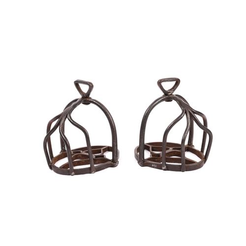 345 - A pair of  iron cage stirrups, c1685, 4 iron strips to cage and well designed foot support. GC   £30... 