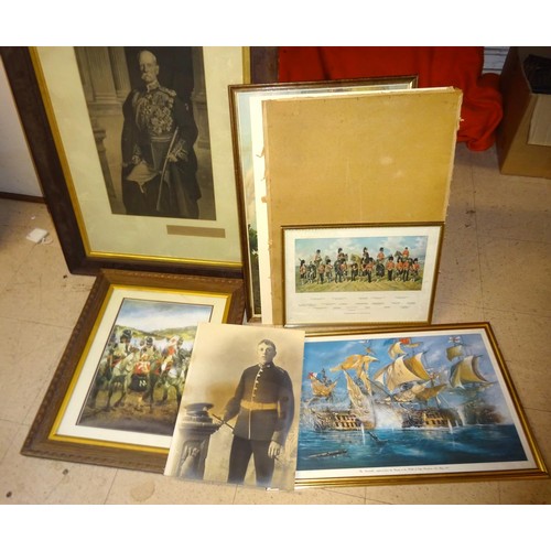 11 - A quantity of military prints and photographs, comprising: coloured print of Waterloo, 40