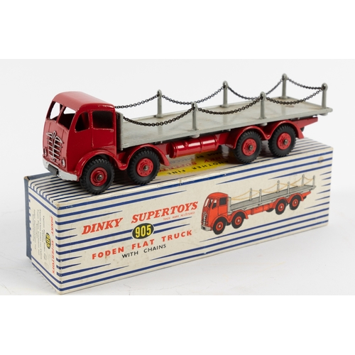 313 - A rare very late issue Dinky Supertoys Foden Flat Truck with chains (905). Cab and chassis in bright... 