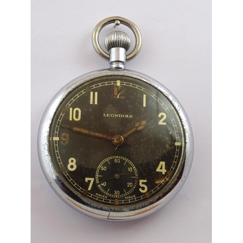 31 - A WWII period Military Issue pocket watch, black dial with luminous hands and quarters, marked 