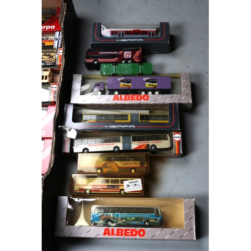 17 - 120 plus HO scale model busses, coaches and a couple of trucks by various makers, including Herpa, W... 