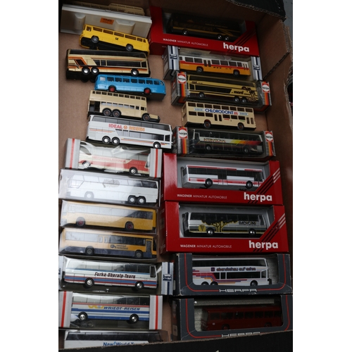 17 - 120 plus HO scale model busses, coaches and a couple of trucks by various makers, including Herpa, W... 