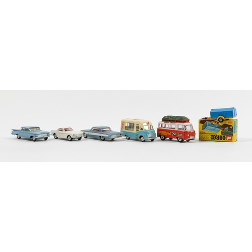 279 - 6 Corgi Toys. Commer Bus 2600 Series in orange and white, Holiday Camp Special with green plastic to... 