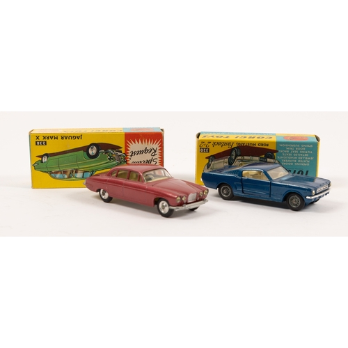 287 - 2 Corgi Toys. A Jaguar Mk X (238) in metallic cerise with yellow interior. Plus a Ford Mustang Fastb... 