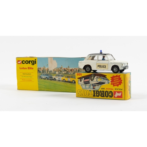 288 - 2 Corgi Toys. A POLICE Panda Imp (506). An example in white with black bonnet roof, luminous POLICE ... 