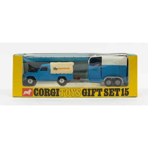 298 - Corgi Toys Gift Set 15. Land Rover And Rice's Beaufort Double Horse Box. In light blue and white liv... 