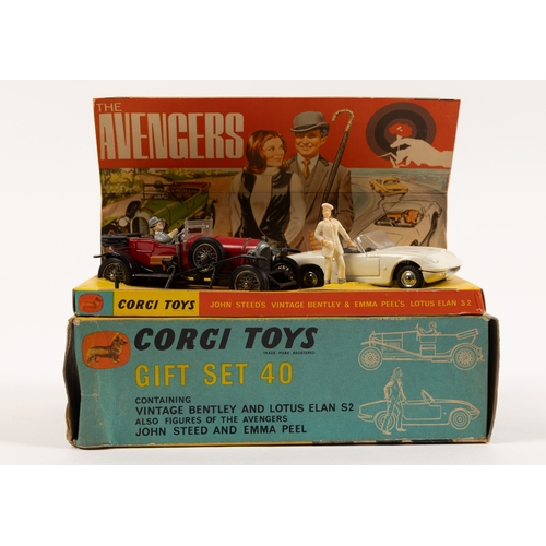 301 - Corgi Toys The Avengers Gift Set 40. Comprising Bentley in red and black and a Lotus Elan in white w... 