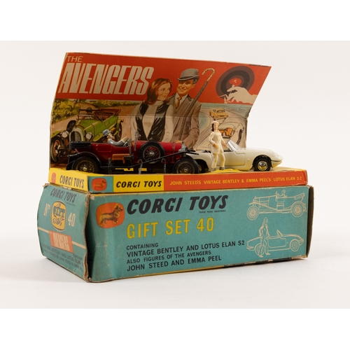 301 - Corgi Toys The Avengers Gift Set 40. Comprising Bentley in red and black and a Lotus Elan in white w... 