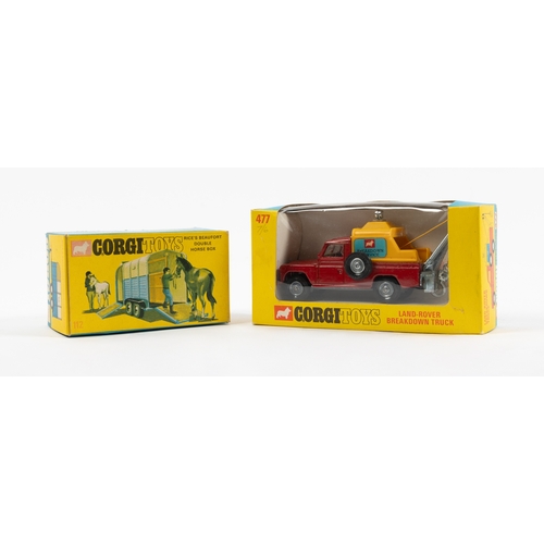 302 - Corgi Toys Land Rover Breakdown Truck (477). In red with yellow plastic rear cover, plated jib and h... 