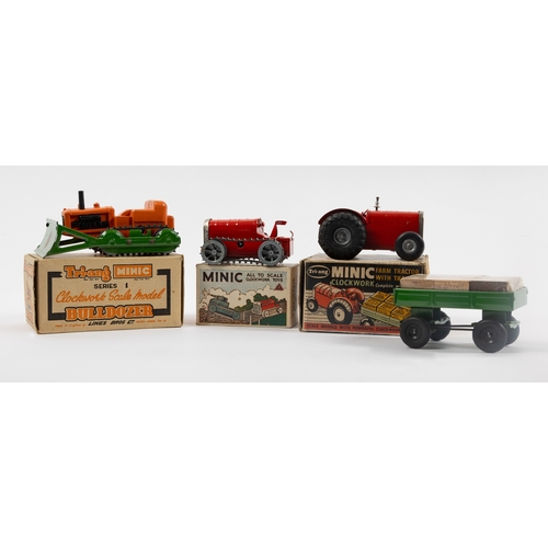 318 - 3 Tri-ang Minic vehicles. Bulldozer in orange plastic with green tinplate shovel, metal wheels and b... 