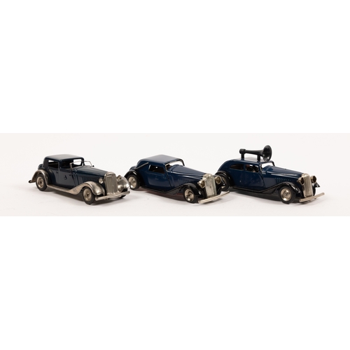 320 - 3 Tri-ang Minic, 18M Vauxhall Town Coupe in dark blue, with metal chassis, and grey base. 19M Vauxha... 