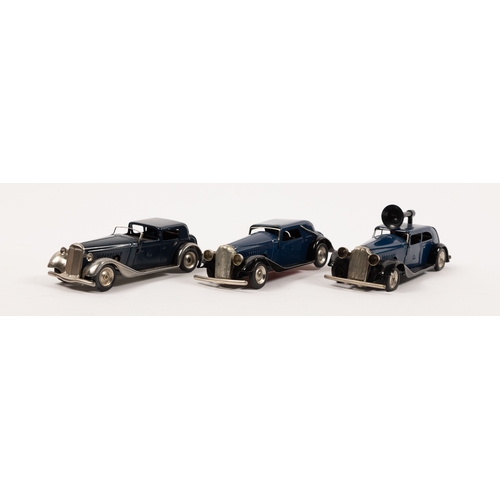 320 - 3 Tri-ang Minic, 18M Vauxhall Town Coupe in dark blue, with metal chassis, and grey base. 19M Vauxha... 