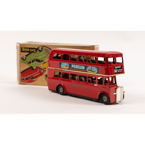 326 - Tri-ang Minic Double Decker bus in red. Tri-ang Pedal Motors to one side and Penguin to the other si... 