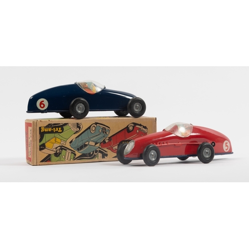 327 - A Tri-ang Minic No.1 Racing car in dark blue with red plastic exhaust  to one side, clear plastic co... 