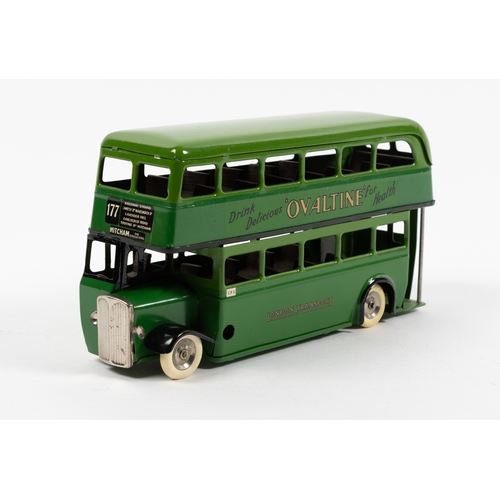 328 - A scarce Tri-ang Minic Double Decker Bus in green, with BOVRIL to one side and Drink delicious OVALT... 