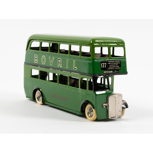 328 - A scarce Tri-ang Minic Double Decker Bus in green, with BOVRIL to one side and Drink delicious OVALT... 