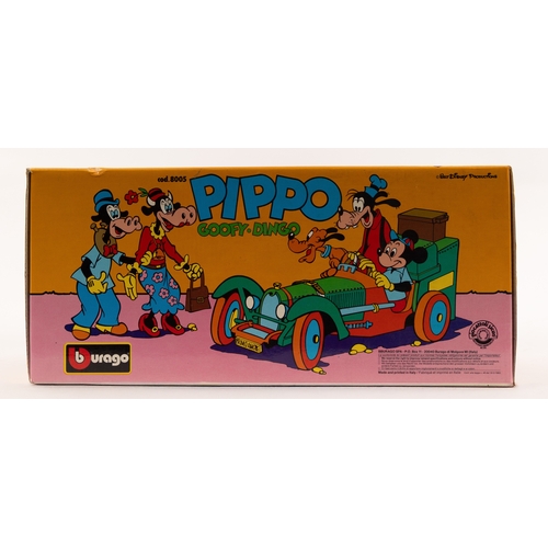 35 - A harder to find Bburago PIPPO GOOFY-DINGO Bugatti in yellow and red with Goofy figure, luggage etc.... 