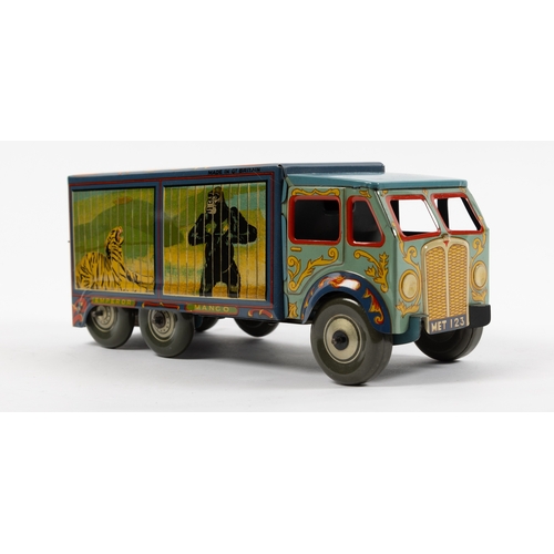 370 - A large example of the 'Bingo's Circus' clockwork 6-wheel Van. In two-tone blue livery with two anim... 