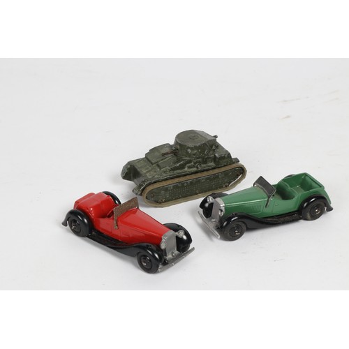 317 - 3 Dinky Toys. 2 British SALMSON sports cars. includes 2 seater with red body, black chassis and blac... 