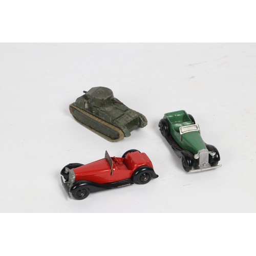 317 - 3 Dinky Toys. 2 British SALMSON sports cars. includes 2 seater with red body, black chassis and blac... 