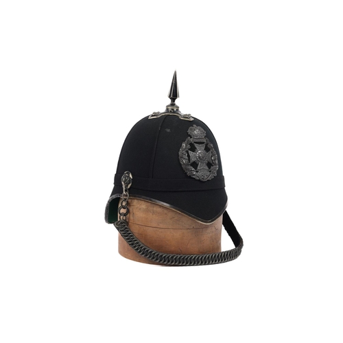 257 - A good Victorian officer's home service helmet of the Rifle Brigade, black cloth, blackened mounts a... 