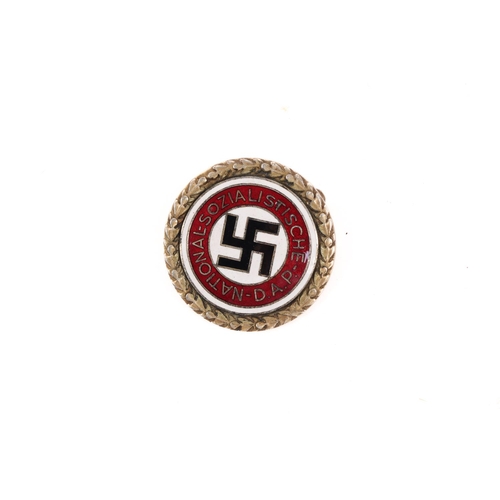 97 - A Third Reich NSDAP badge, diam 30mm, enamelled with gilt wreath, numbered 4222 and marked Ges Gesch... 