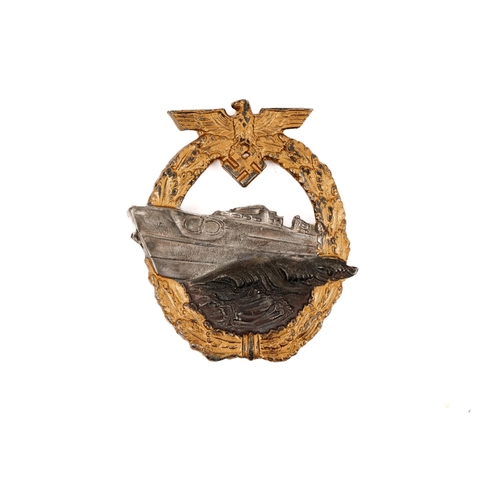 106 - A Third Reich E boat 2nd pattern breast badge, with gilt wreath and silvered boat. VGC £80-100