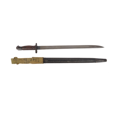 301 - A good 1907 pattern bayonet, with issue stamp for January 1915, VGC, in its scabbard with webbing fr... 