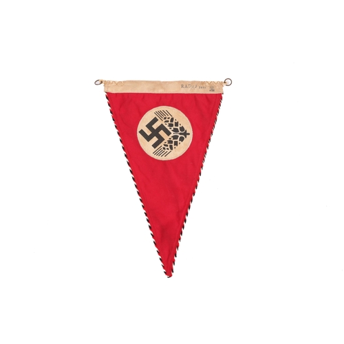 82 - A Third Reich RAD car pennant, red cloth with printed panel, possibly an old replica. GC £40-50