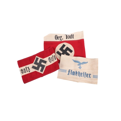 91 - 3 Third Reich armbands: Organisation Todt; Flak Helfer and Einsatzgefolglch VGC £40-50