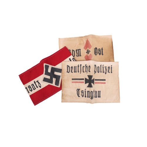 92 - 2 Third Reich armbands: B.D.M. Ost, Einsatz Gefulgsch and a Deutsche Polizei Tsingtau arm band. GC £... 