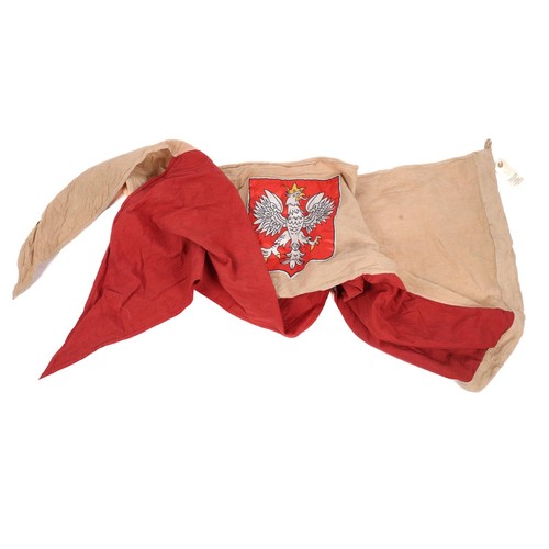 214 - A WWII swallow tail guidon in red and beige, 5' long, printed eagle central panel. VGC £40-45