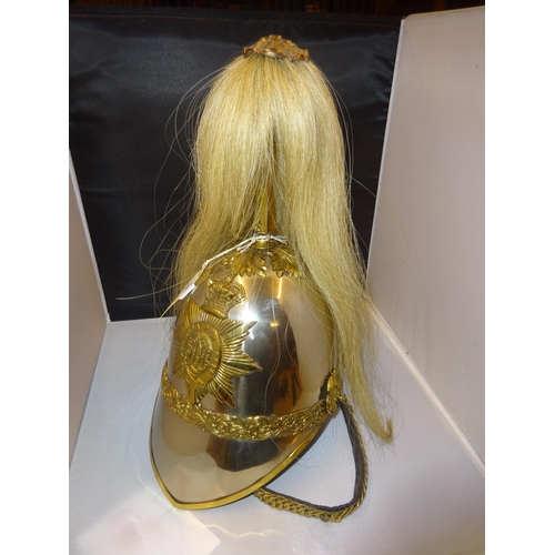 254 - A  other ranks white metal helmet of the Sussex Light Horse, c 1880-, brass mounts, white horse hair... 