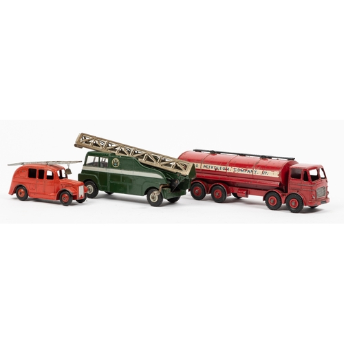 307 - 10 Dinky Toys. Leyland Octopus tanker, ESSO. Guy open back truck, red and fawn. Streamlined Fire Eng... 