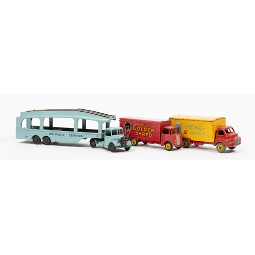 307 - 10 Dinky Toys. Leyland Octopus tanker, ESSO. Guy open back truck, red and fawn. Streamlined Fire Eng... 