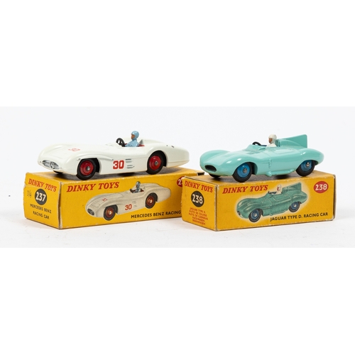 311 - 7 Dinky Toys. Jaguar Type D Racing Car (238) in turquoise with mid blue wheels. Mercedes-Benz Racing... 