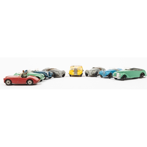 312 - 7 Dinky Toys. MG Midget in mint green with cream interior with driver. Jaguar in dark blue. 3x Fraze... 