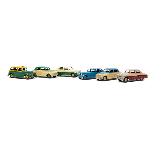 314 - 6 Dinky Toys. Triumph 1800 in mid blue, Austin TAXI and green and yellow. Morris Cowley in green and... 